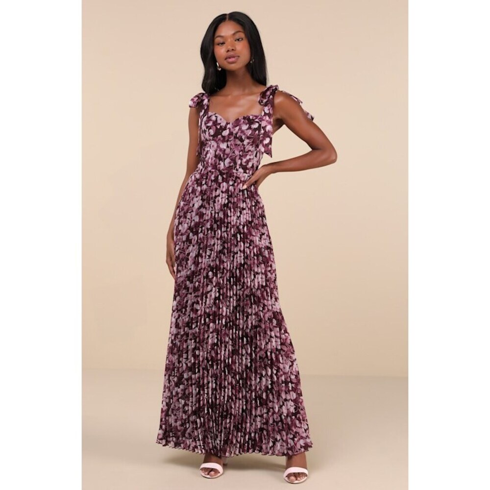 Illustrious Aura Plum Purple Floral Bustier Tie-Strap Maxi Dress